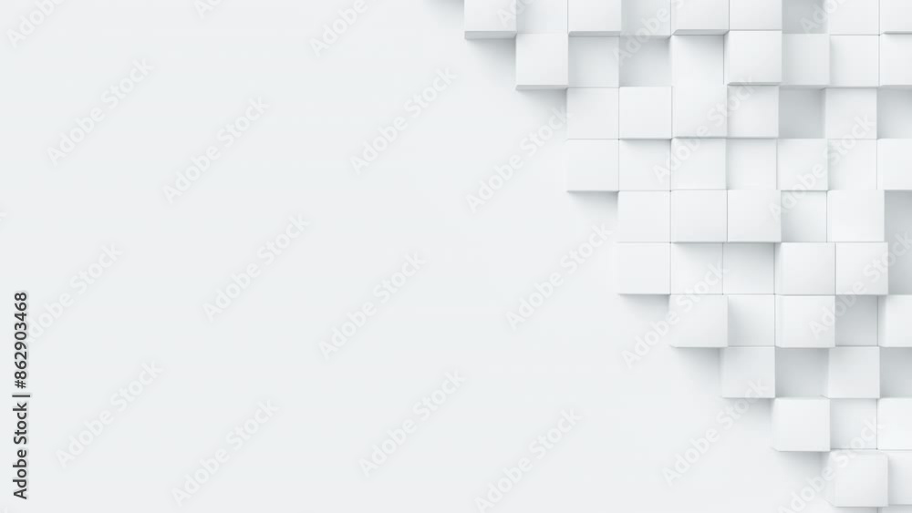 Aufkleber White cubes with random size move and grow loop. A place for text on the left. Abstract 3d render geometrical concept background.