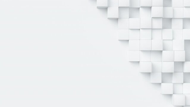 White cubes with random size move and grow loop. A place for text on the left. Abstract 3d render geometrical concept background.