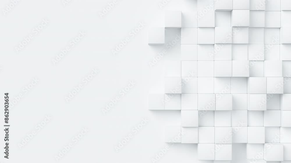 Aufkleber White cubes with random size move and grow loop. A place for text on the left. Abstract 3d render geometrical concept background.