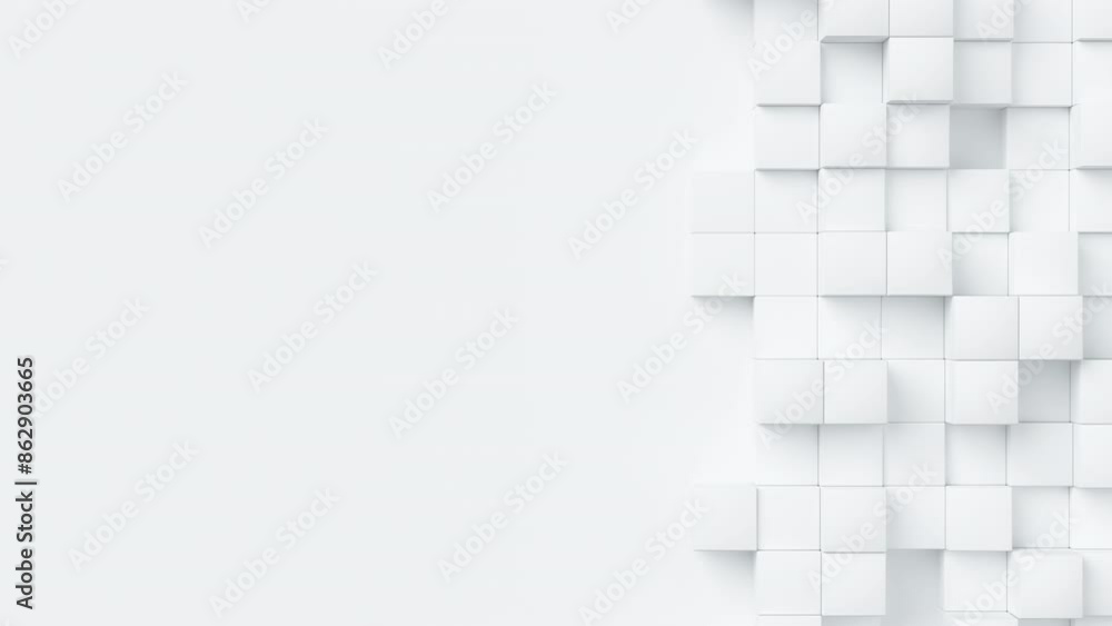 Aufkleber White cubes with random size move and grow loop. A place for text on the left. Abstract 3d render geometrical concept background.