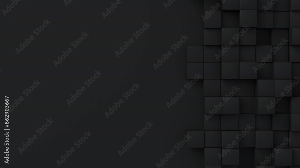 Aufkleber Black cubes with random size move and grow loop. A place for text on the left. Abstract 3d render geometrical concept background