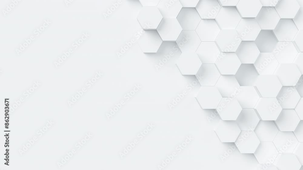 Aufkleber White hexagons with random size move and grow loop. A place for text on the left. Abstract 3d render geometrical concept background.