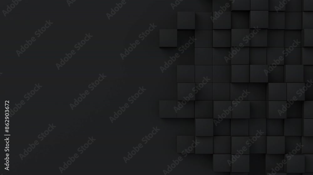 Aufkleber Black cubes with random size move and grow loop. A place for text on the left. Abstract 3d render geometrical concept background