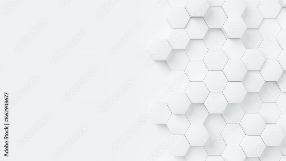 Aufkleber White hexagons with random size move and grow loop. A place for text on the left. Abstract 3d render geometrical concept background.