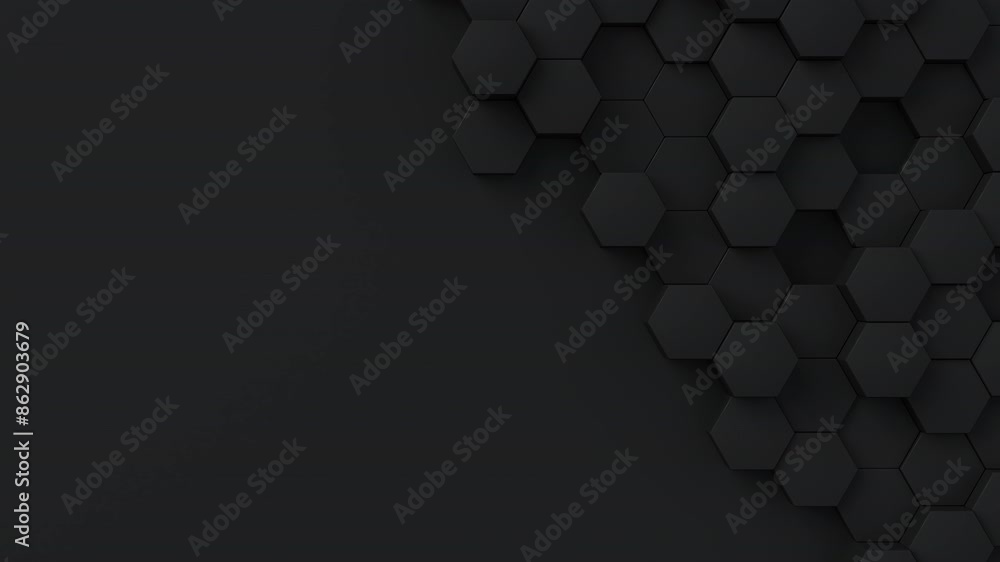 Aufkleber Black hexagons with random size move and grow loop. A place for text on the left. Abstract 3d render geometrical concept background