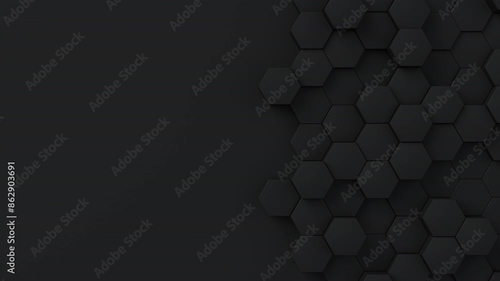 Aufkleber Black hexagons with random size move and grow loop. A place for text on the left. Abstract 3d render geometrical concept background