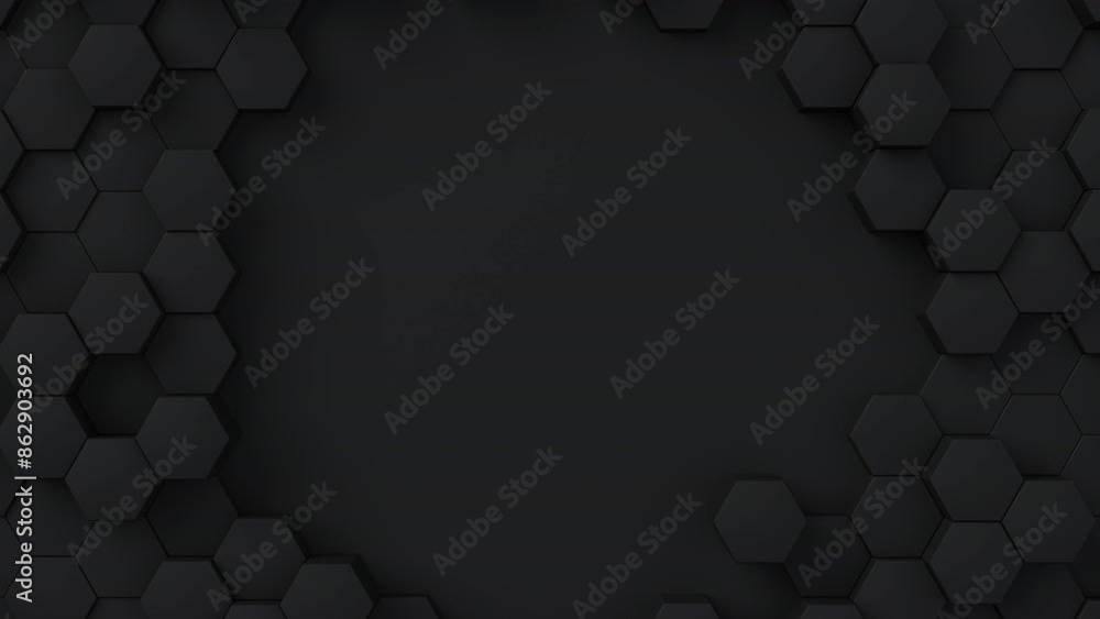 Aufkleber Black hexagons with random size move and grow loop. A place for text on the left. Abstract 3d render geometrical concept background