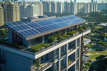 Fototapeta premium Solar panels on the roof of a sleek, modern apartment building