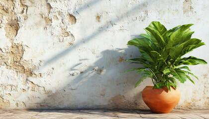 A wall with an aged white texture, a potted plant positioned on the right, with empty space for text on the left
