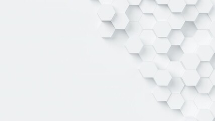 White hexagons with random size move and grow loop. A place for text on the left. Abstract 3d render geometrical concept background. - Powered by Adobe