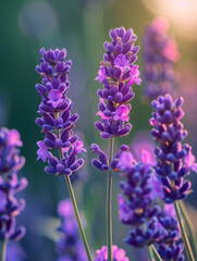 Close-up of lavender flowers in bloom with soft sunlight in the background.