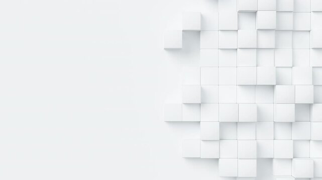 White cubes with random size move and grow loop. A place for text on the left. Abstract 3d render geometrical concept background.