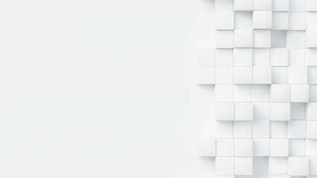 White cubes with random size move and grow loop. A place for text on the left. Abstract 3d render geometrical concept background.