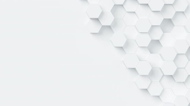 White hexagons with random size move and grow loop. A place for text on the left. Abstract 3d render geometrical concept background.