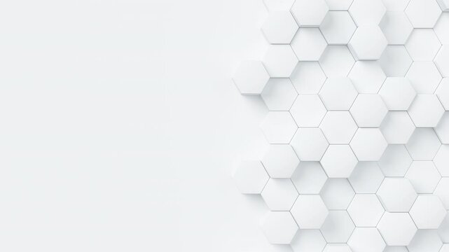 White hexagons with random size move and grow loop. A place for text on the left. Abstract 3d render geometrical concept background.