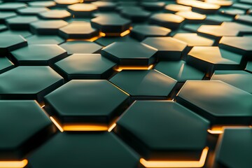 Fototapeta premium Futuristic Pattern of Green Hexagonal Tiles with Glowing Light - Technological and Geometric Aesthetic