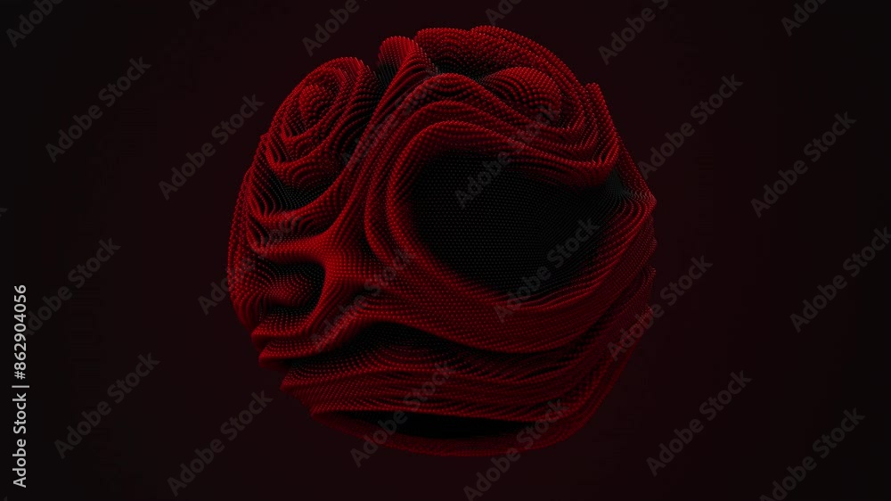 Poster distortion waves on abstract sphere made of shiny black and red balls. digital data splash of spheri