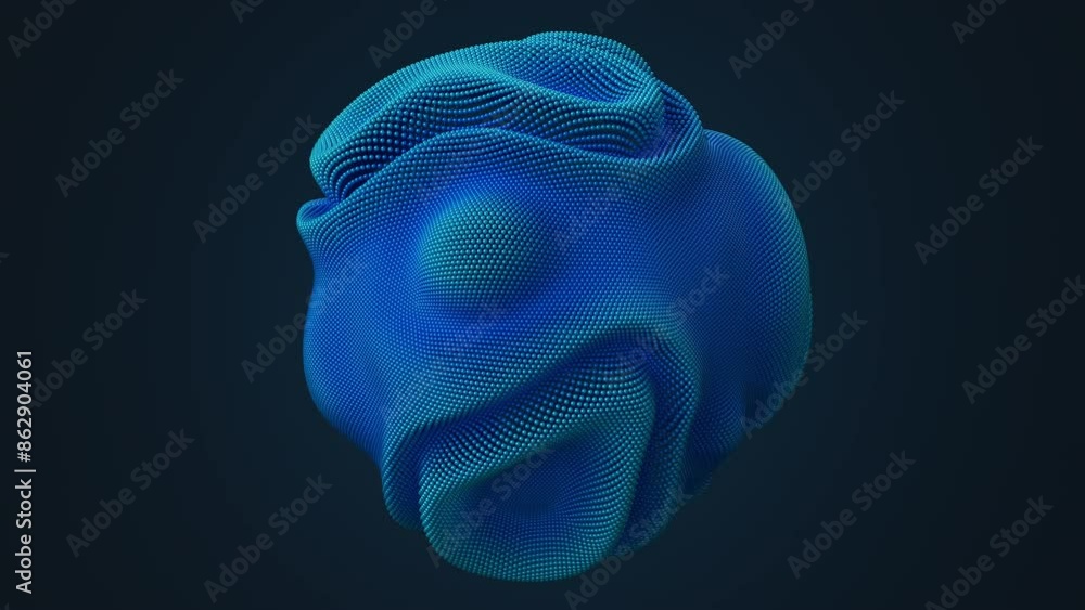 Poster distortion waves on abstract sphere made of shiny blue balls. digital data splash of spherical point
