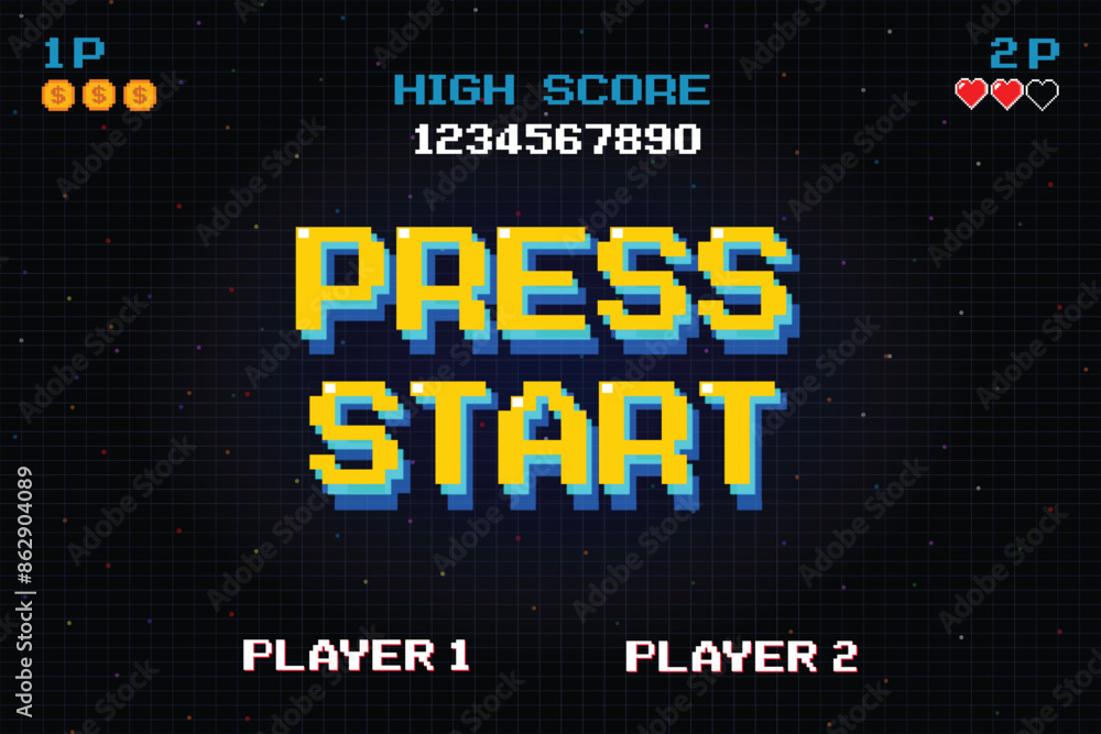Poster press start insert a coin to continue .pixel art .8 bit game. retro game. for game assets .retro fut