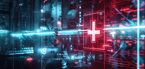 Use digital art techniques to create a backdrop that encapsulates the essence of technological advancement in the medical field