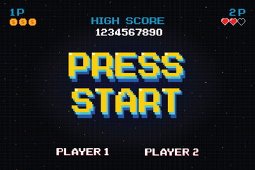 PRESS START INSERT A COIN TO CONTINUE .pixel art .8 bit game. retro game. for game assets .Retro Futurism Sci-Fi Background. glowing neon grid. and stars from vintage arcade computer games © Sumeth