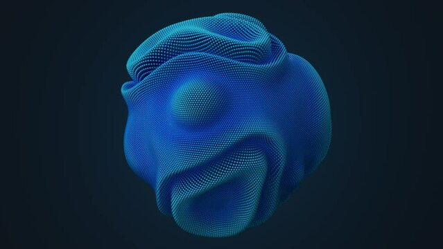 Distortion waves on abstract sphere made of shiny blue balls. Digital data splash of spherical point array. Round waveform UI element. Futuristic glitch