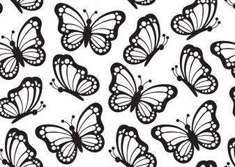 Abstract trendy modern seamless pattern of black monarch butterfly contour on white background for decoration design. Closeup design element, black butterfly. Side view vector icon. Baby shower design