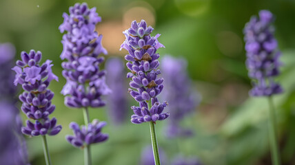 Fototapeta premium Close-up of blooming lavender flowers in a garden setting.