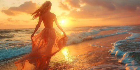 Woman Running Along the Beach at Sunset