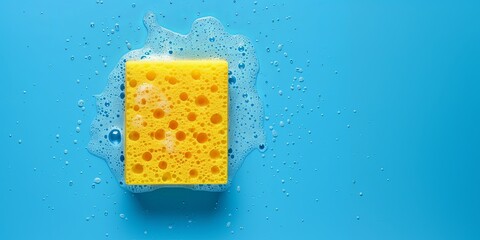 yellow sponge for washing dishes on a blue background, top view with copy space
