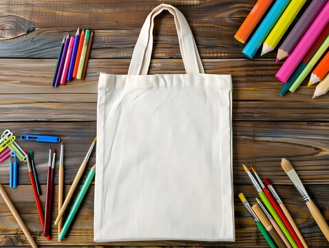 Blank white tote bag mockup with art supplies, including paint brushes, pencils, and paperclips. Concept of creativity, design, and DIY projects.
