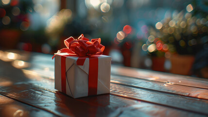 A wrapped gift box with a red ribbon on a wooden table, festive bokeh.