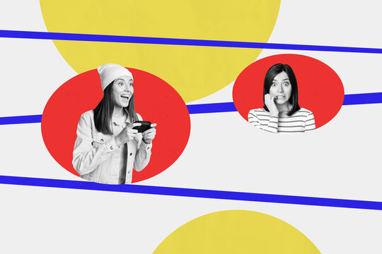 Photo collage picture two girls scared frustrated bite nails joyful mood play joystick contoller videogame excited entertainment - Powered by Adobe