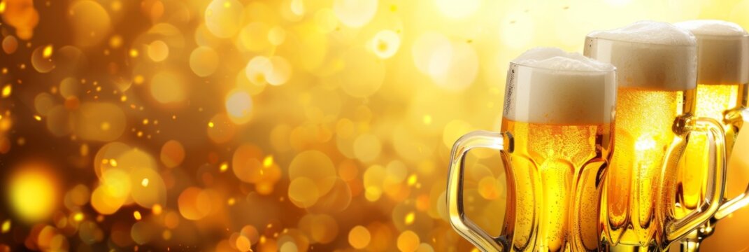 Horizontal banner. International Beer Day. Mugs of cold light beer with foam on a yellow background. Bokeh effect. Free space for text, copy space