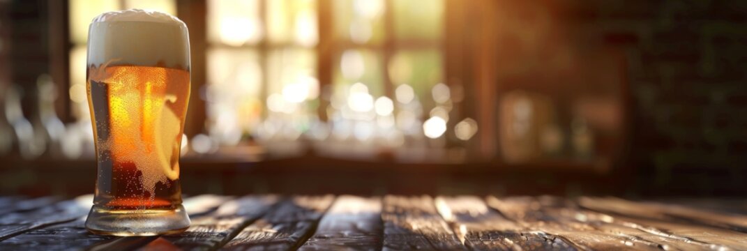 Horizontal banner. International Beer Day. A mug of cold light beer with foam on a wooden table. Free space for text, copy space