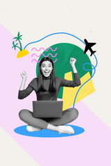Obraz premium Collage artwork image of cheerful young woman speaking phone reserving hotel isolated on painted background