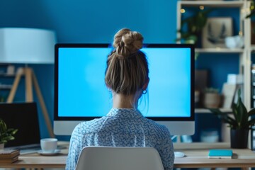 App mockup shoulder view of a woman in front of a computer with a completely blue screen