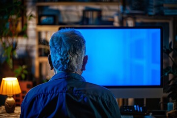Obraz premium Device screen seen from a shoulder of a senior citizen man in front of a computer with a completely blue screen