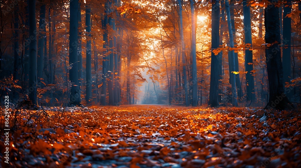 Poster quiet woodland path covered in fallen leaves with light filtering through autumncolored trees