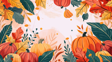 Autumn background with pumpkins, leaves, and cozy colors