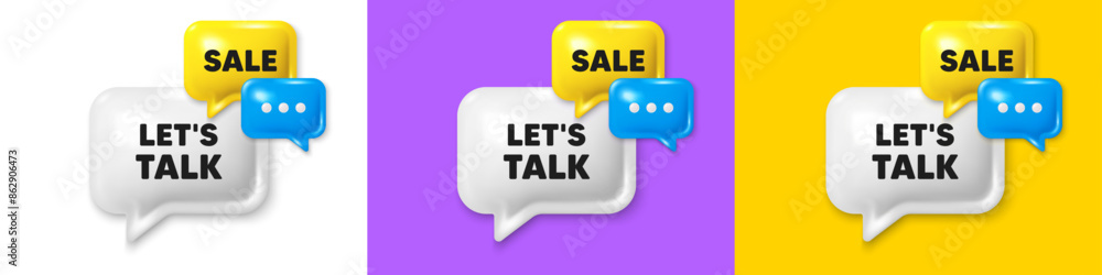 Poster chat speech bubble 3d icons. lets talk tag. connect offer sign. conversation symbol. lets talk chat 