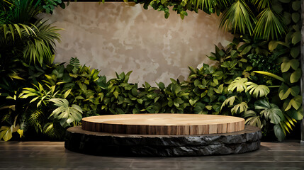  Podium background product forest green display platform wood stone 3d garden rock. Product podium jungle background stage leaf cosmetic nature scene stand presentation mockup tree pedestal plant eco 