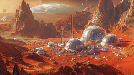 Space Colony with Biodomes on Mars
