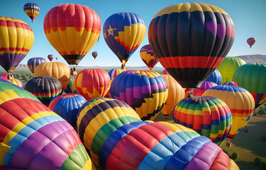 Colorful clouds, light white and light blue hot air balloons, romantic scenes