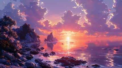 Rocky coastal scene with tide pools reflecting the sunset sky teeming with marine life