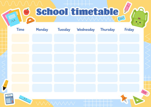 School timetable for kids, educational schedule, weekly planner, printable school schedule for children. School children routine timetable. Education lessons plan, class planning. 