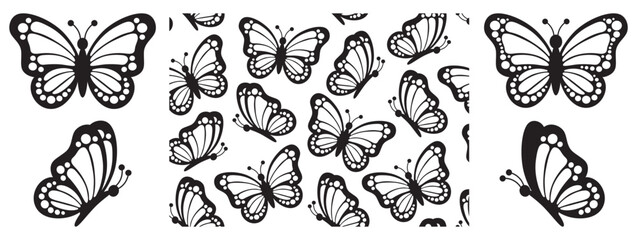 Abstract trendy modern seamless pattern of black monarch butterfly contour on white background for decoration design. Closeup design element, black butterfly. Side view vector icon. Baby shower design