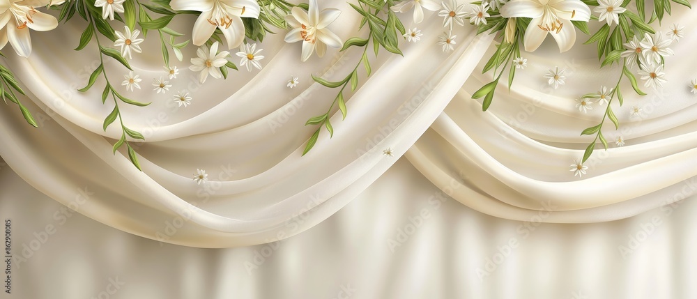 Wall mural a white curtain with flowers on it. floral and silk background. perfect for product design and prese