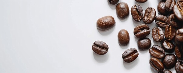 Coffee beans banner. Roasted coffee beans white background. Copy space for text.