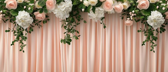 Fototapeta premium A pink curtain with flowers on it. Floral and silk background. Perfect for product design and presentation.